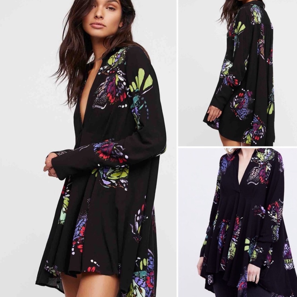FREE PEOPLE Field of Butterflies Tunic Dress Top Black Multi Color Size Large